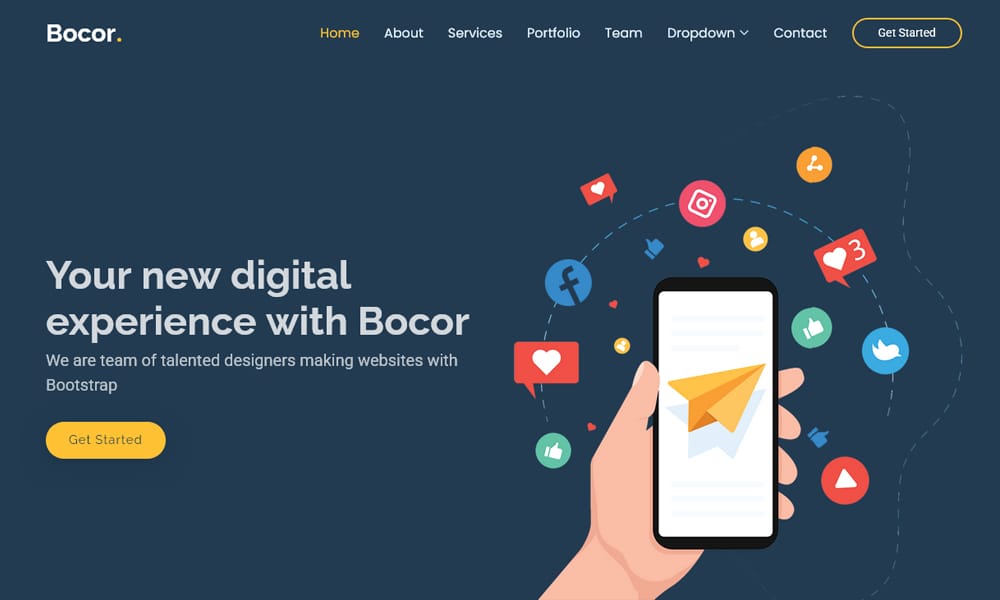 Screenshot of the Bocor free modern Bootstrap template with soft illustrations for SaaS products.