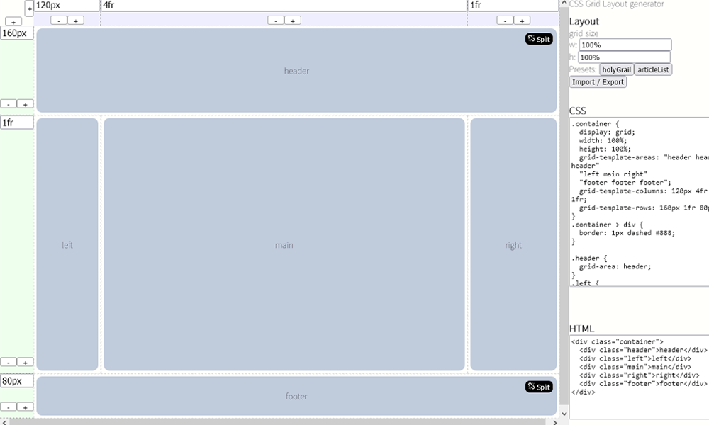 Vue-based CSS Grid Generator export options panel