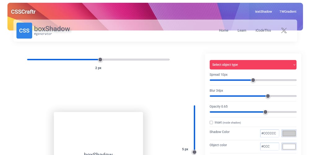 The user interface for the CSSCraftr shadow generator, showing sliders and a live preview box.
