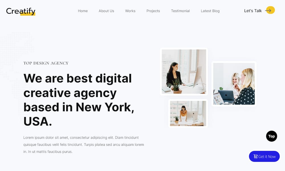 Screenshot of the Creatify free HTML template for mobile app startups, showing phone mockups.