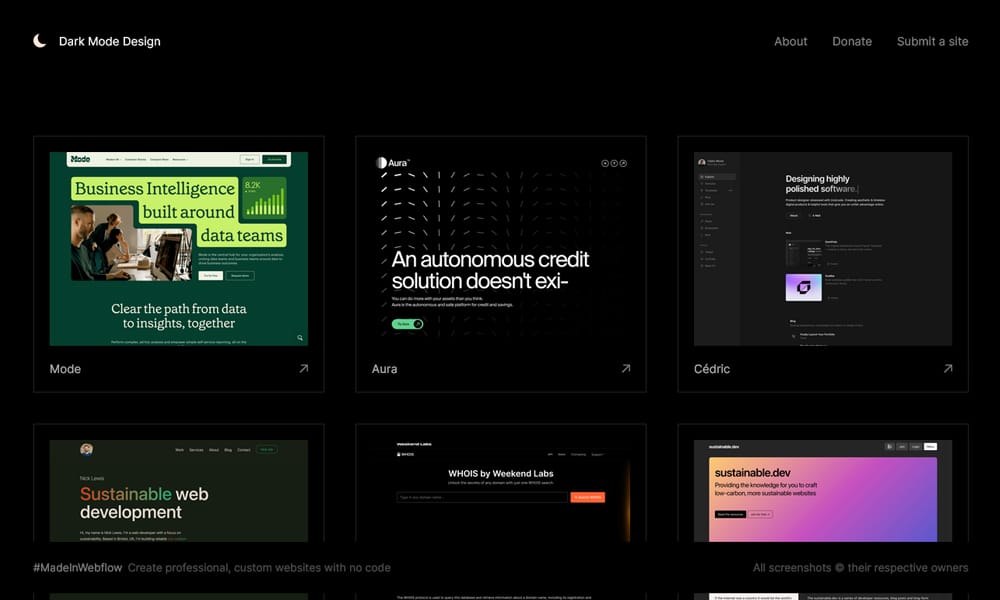 Curated websites with night-mode user interfaces and dark themes