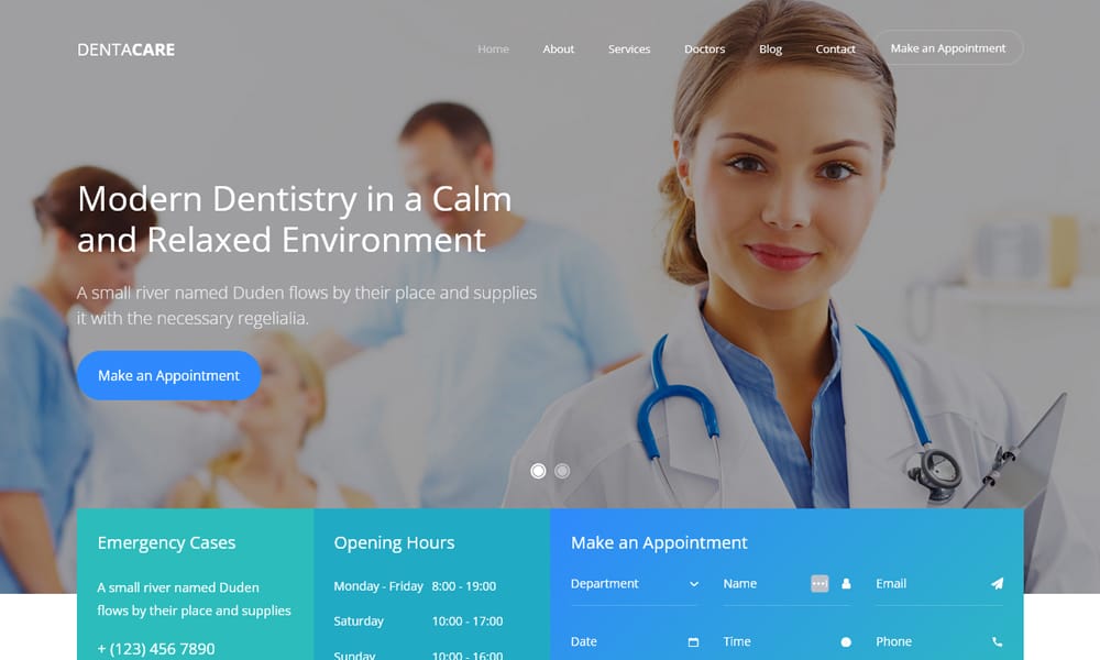 Screenshot of the Dentacare Bootstrap 4 template, a free theme for local service businesses like dental clinics.