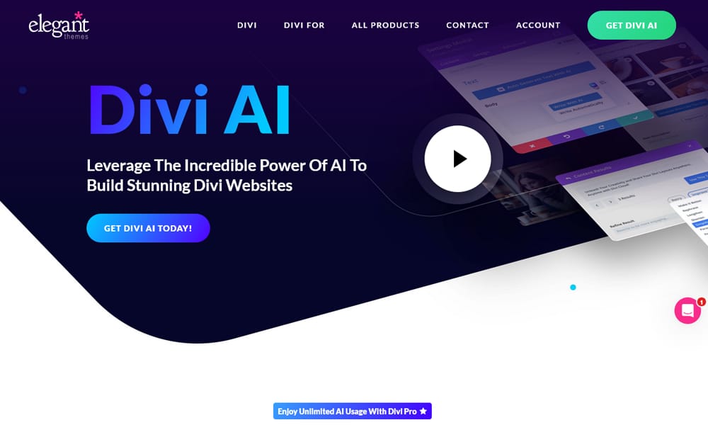 Divi AI content generation interface integrated with Divi Builder showing AI copywriting tools