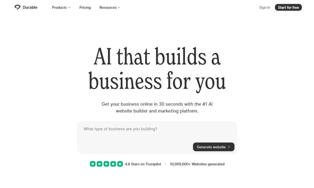 Durable AI website builder interface displaying automated site generation dashboard
