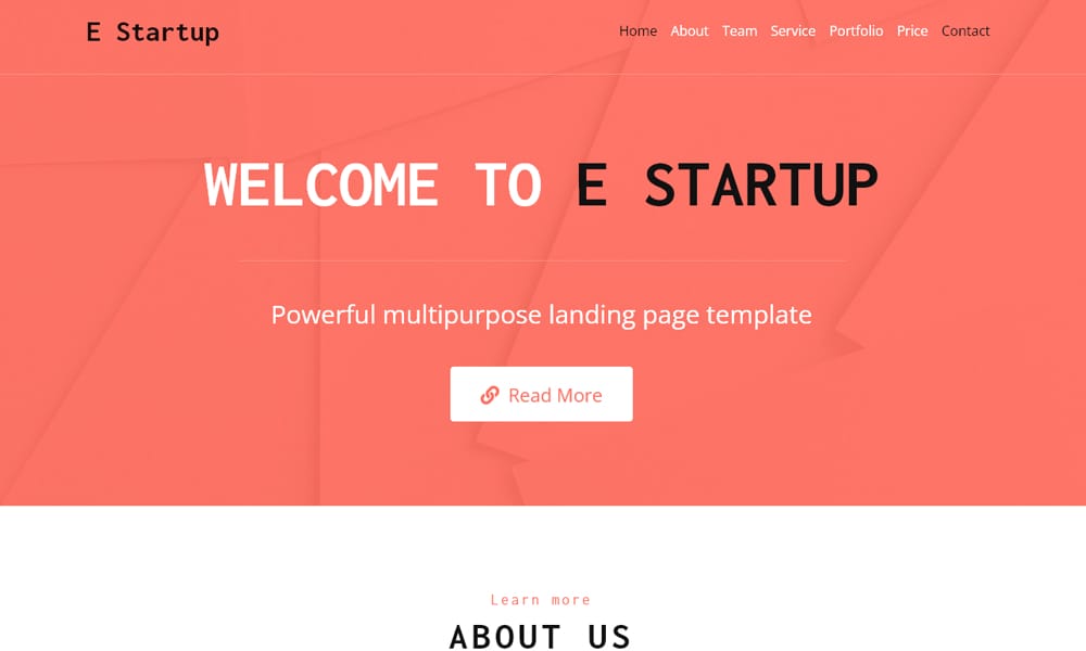 Screenshot of the E Startup multipurpose landing page template, a free HTML theme for any industry.