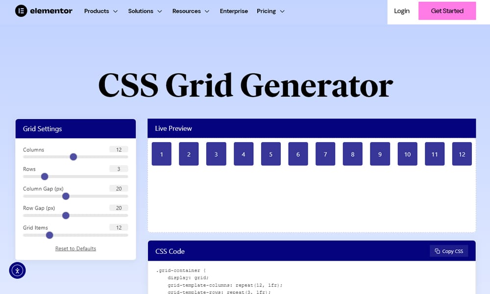 Elementor CSS Grid Generator showing grid-area assignment
