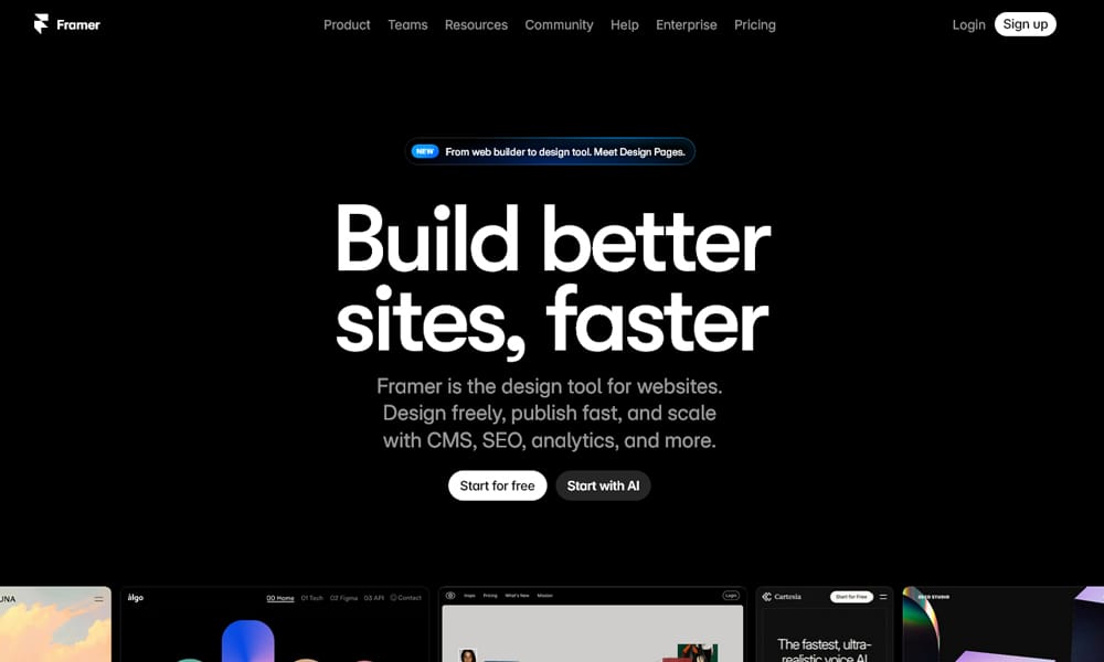 Framer AI website builder design canvas showcasing prototyping with AI suggestions