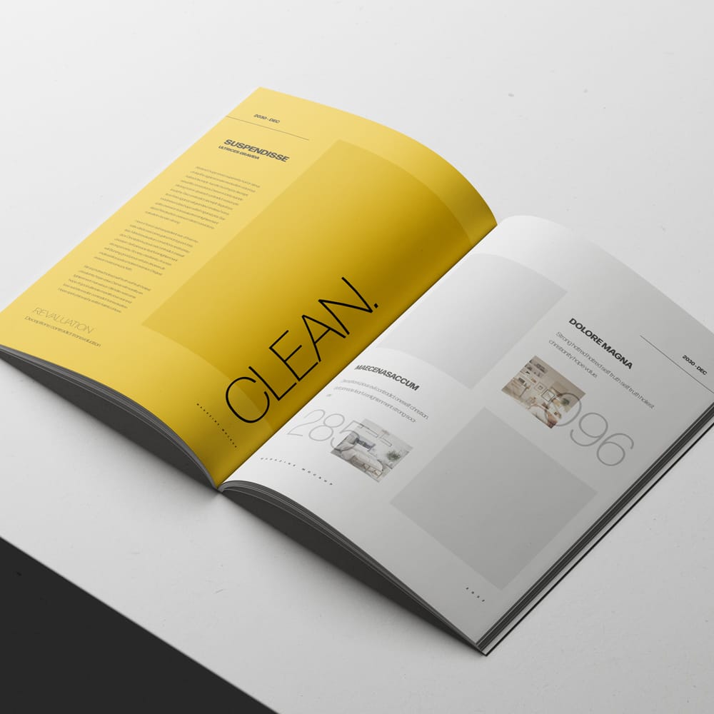 Free A4 Magazine Mockup Open on Minimal White Surface PSD