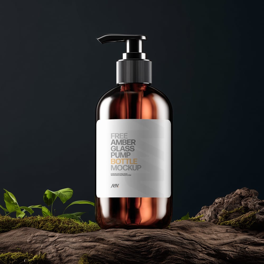 Free Amber Pump Bottle Mockup on Rustic Wooden Surface PSD