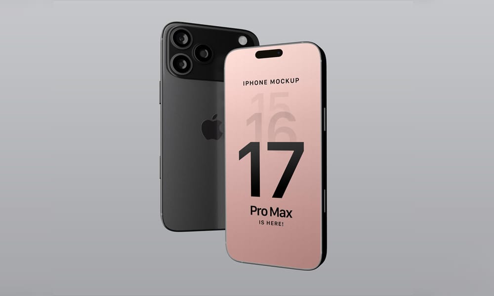 Black titanium iPhone 17 Pro Max mockup with premium reflections for luxury app presentations.