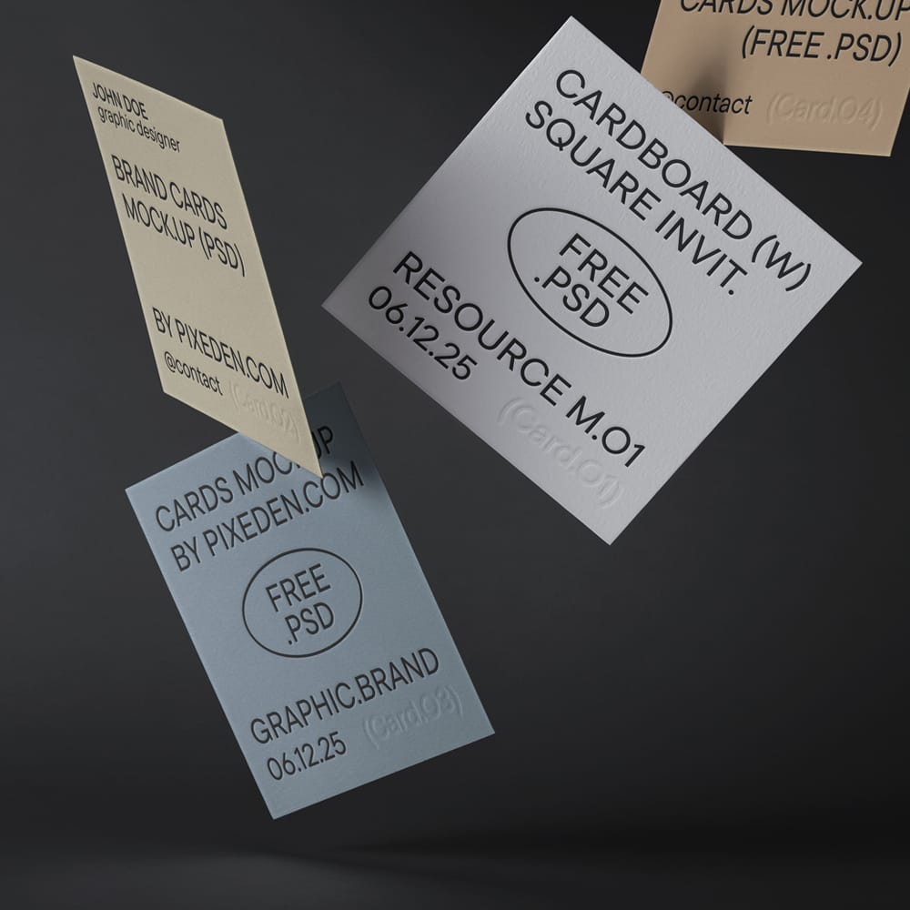 Free Cardboard Square Invitation Brand Cards Mockup PSD