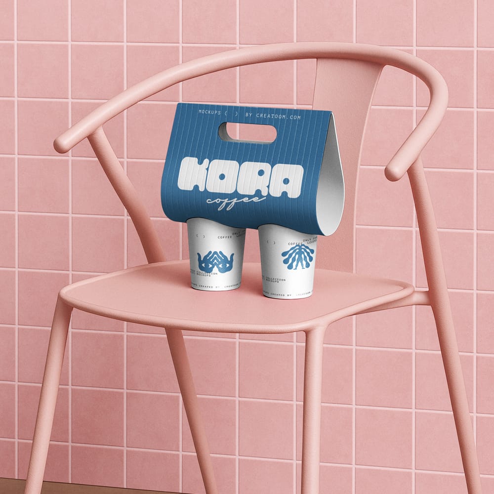 Free Coffee Cups With Holder Mockup On Chair Front View PSD