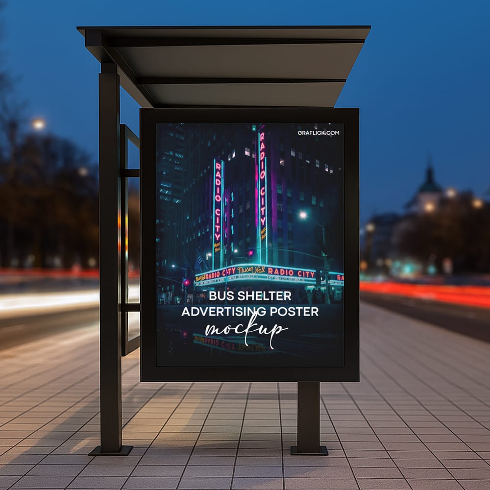 Free Night Bus Shelter Poster Mockup PSD
