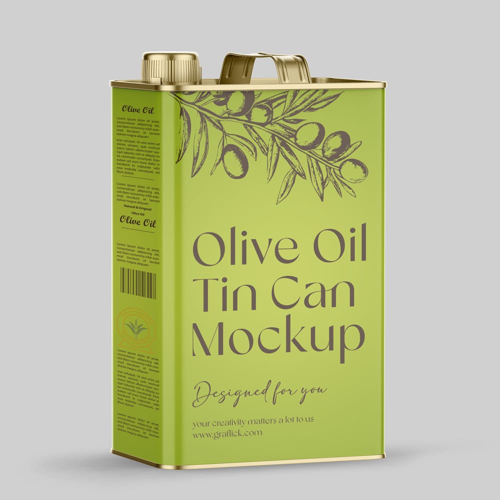 Free Olive Oil Tin Can Packaging Mockup PSD