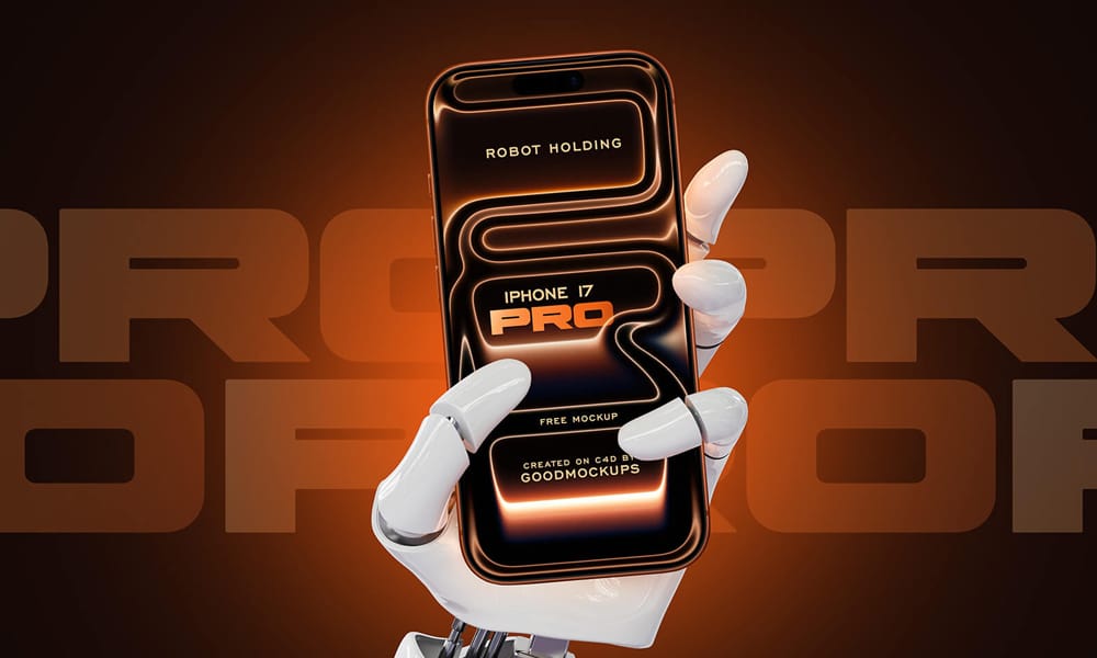 Futuristic robot hand holding iPhone 17 Pro mockup with transparent background highlighting modern tech aesthetic.