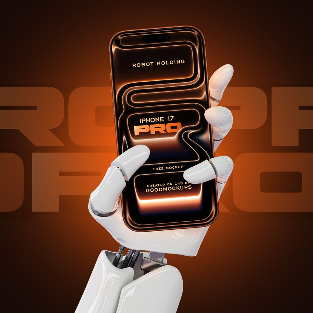 Free Robot Hand-Holding iPhone 17 Pro Mockup PSD