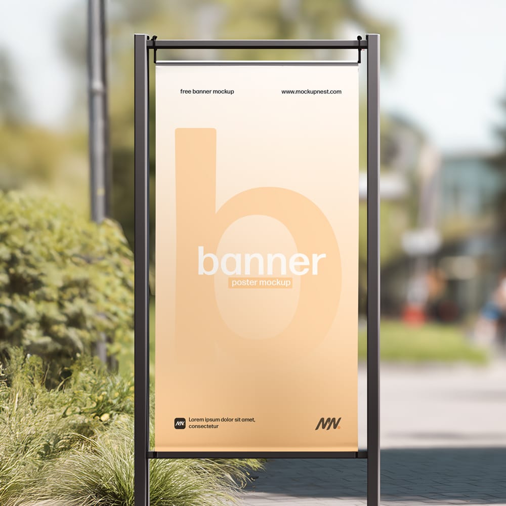 Free Street Hanging Banner Mockup on Modern Outdoor Walkway PSD