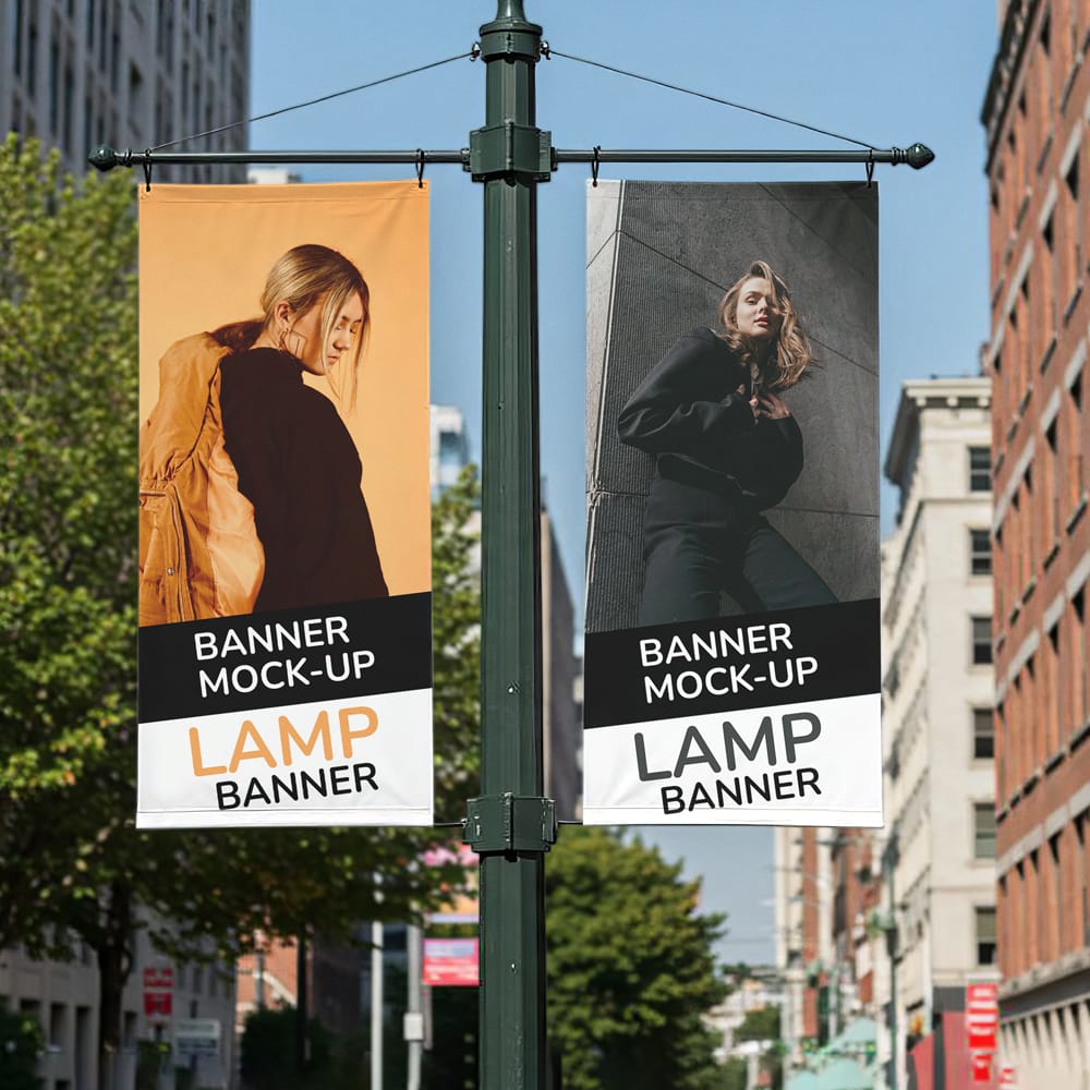 Free Street Lamp Pole Banner Mockup PSD