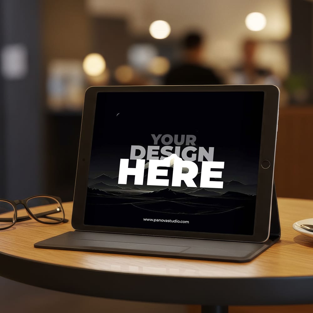 Free Tablet On Cafe Table Mockup PSD