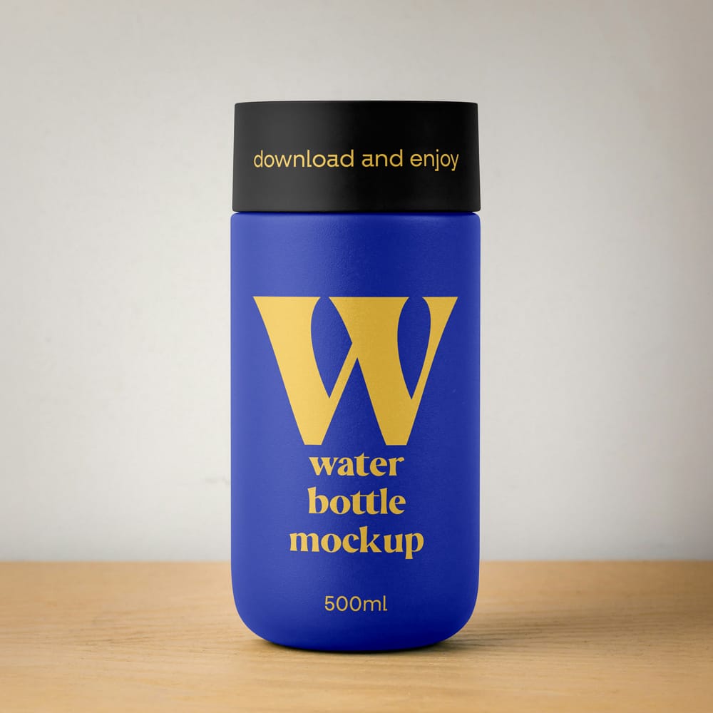 Free Thermos Bottle on Desk Mockup PSD