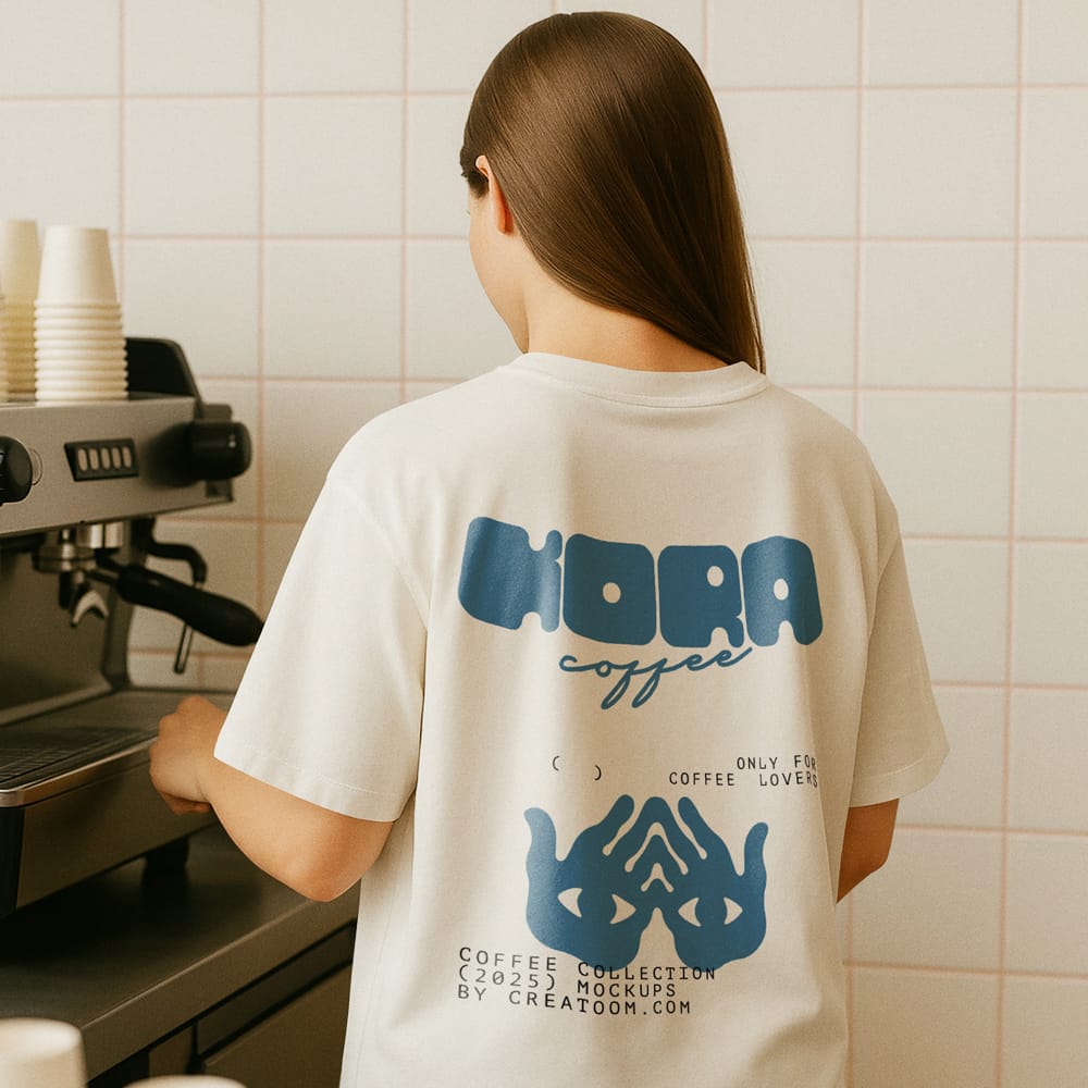 Free Tshirt Mockup On Barista In Coffee Shop Front View PSD