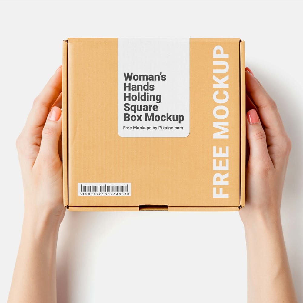 Free Woman’s Hand Holding Square Box Mockup PSD