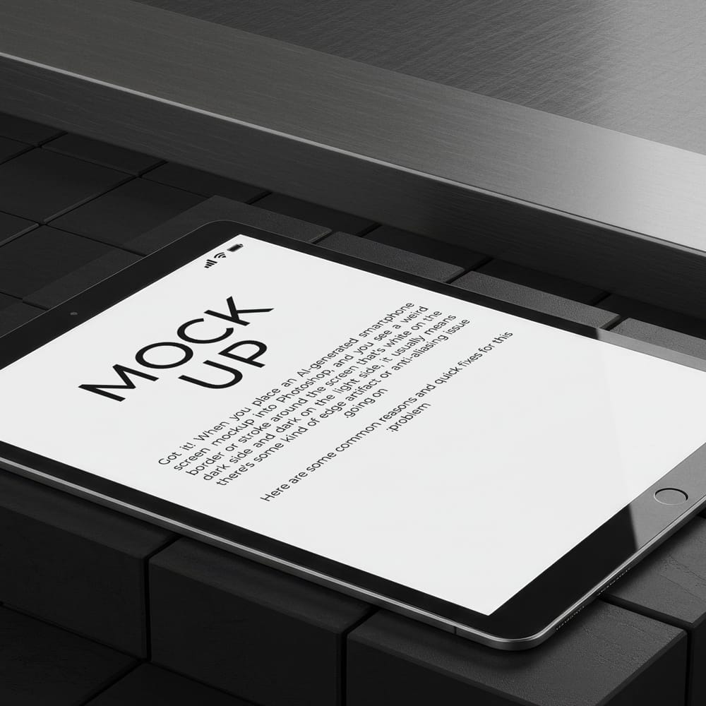 Free iPad Lying Flat on Dark Box Mockup PSD