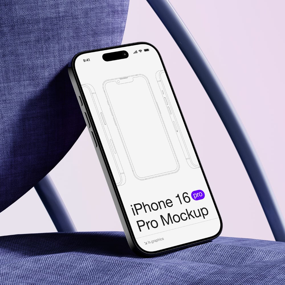 Free iPhone 16 Pro Mockup Resting on Stylish Fabric Chair PSD