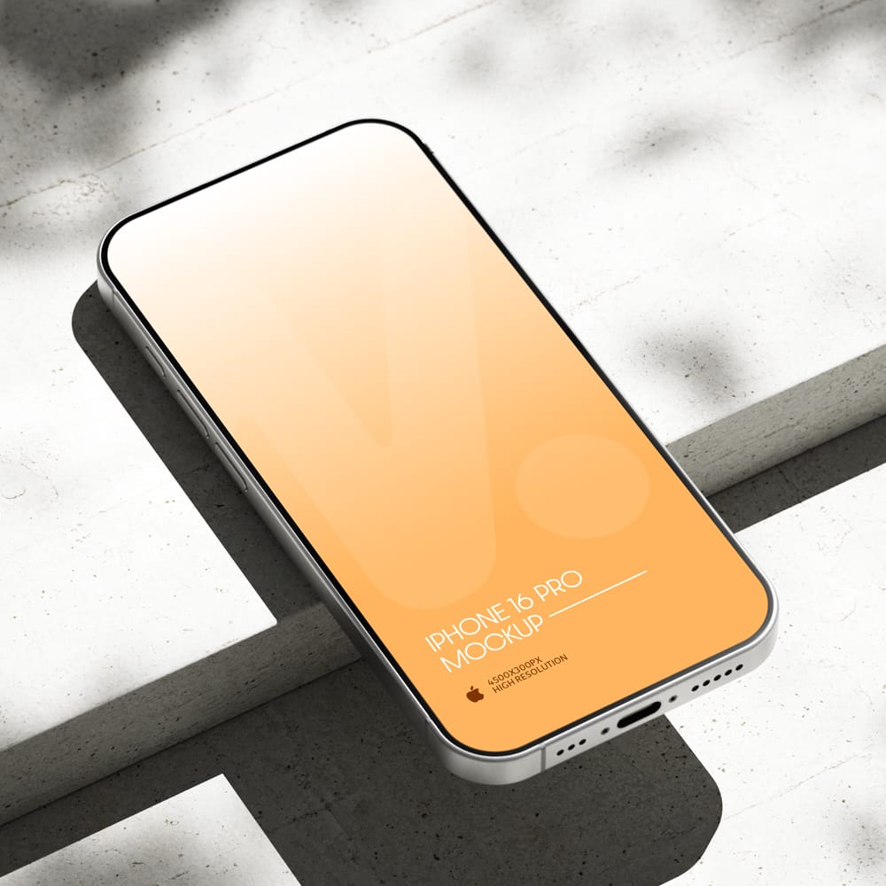 Free iPhone 16 Pro Mockup on Bright Concrete Surface with Shadows PSD