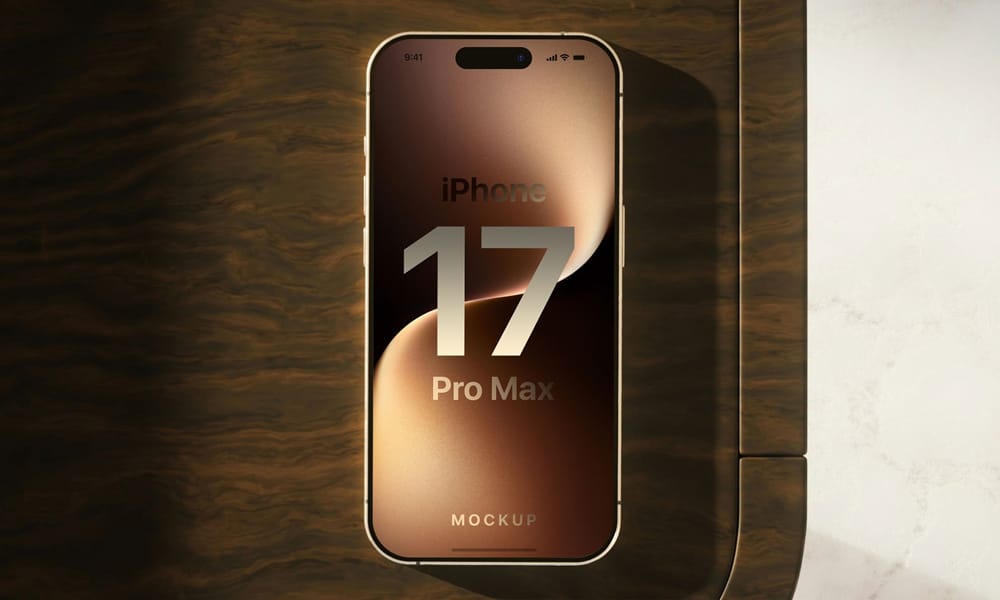 Wide format iPhone 17 Pro Max high-resolution mockup PSD suited for dashboard app presentations.