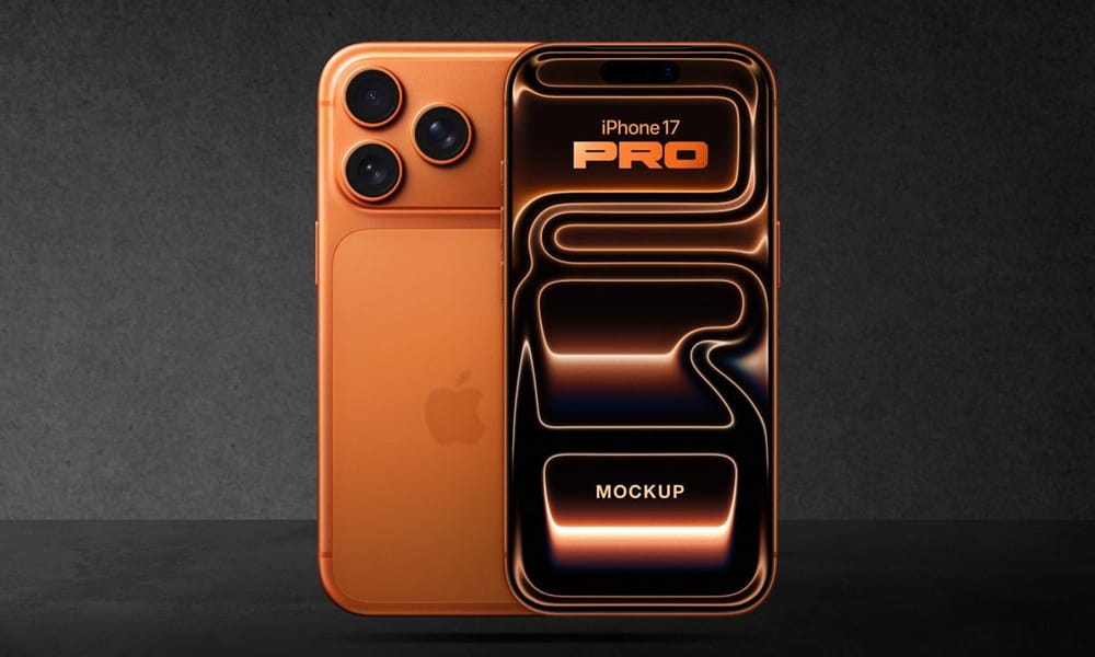 Minimalist iPhone 17 Pro mockup PSD template with clean design and customizable background color.