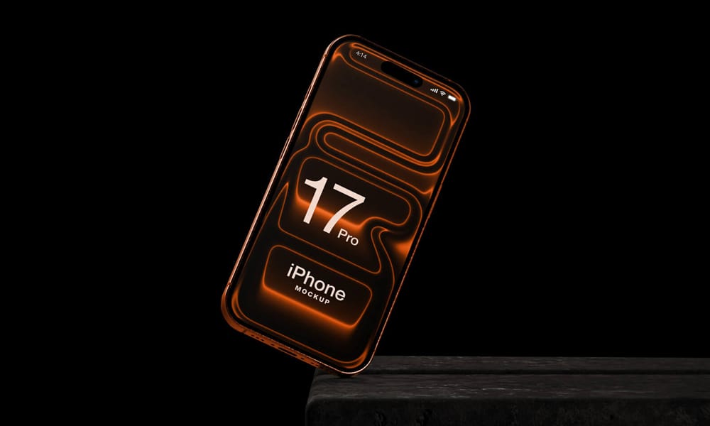 iPhone 17 Pro mockup standing on its edge showcasing slim profile and device thickness.