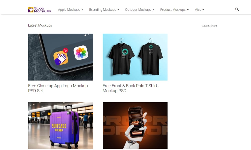 The Goodmockups website, a popular source for daily free psd mockup templates.