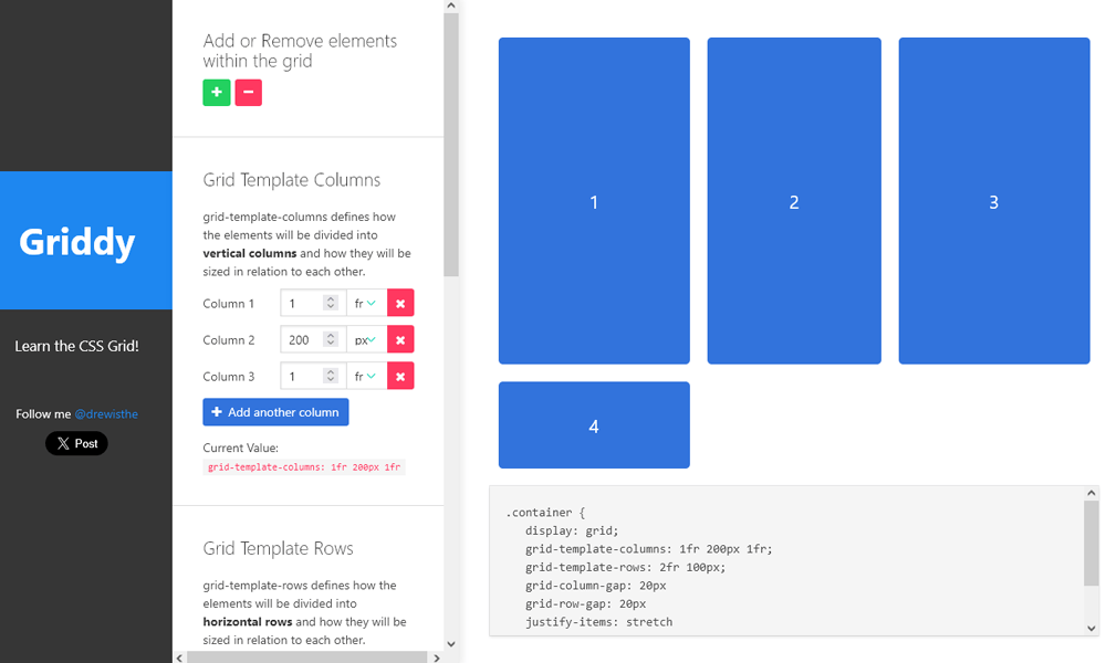 Griddy interface with visual row and column controls