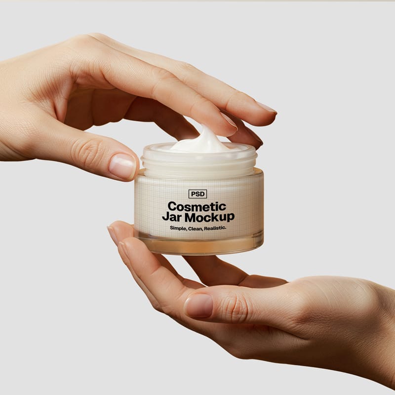 Hand-Held Cosmetic Jar Mockup PSD