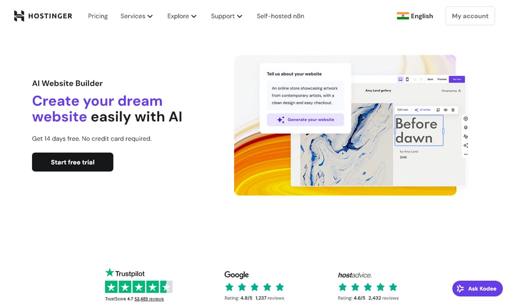 Hostinger AI Website Builder control panel with hosting and AI content tools visible