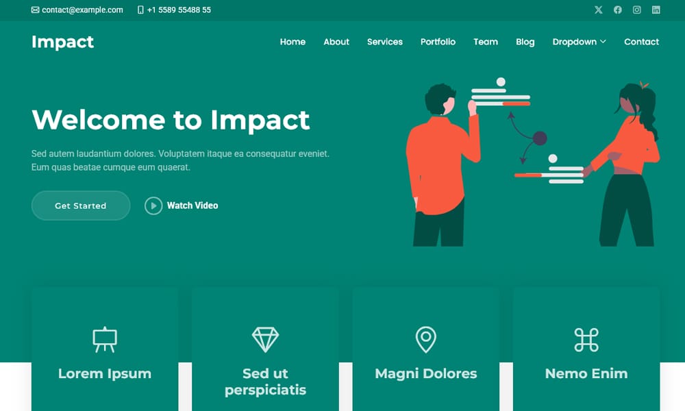 Screenshot of the Impact dark-mode Bootstrap 5 template for creative agencies.
