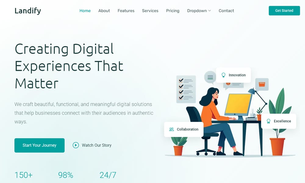 Screenshot of the Landify modern startup landing page HTML template, featuring a clean design with lots of whitespace.