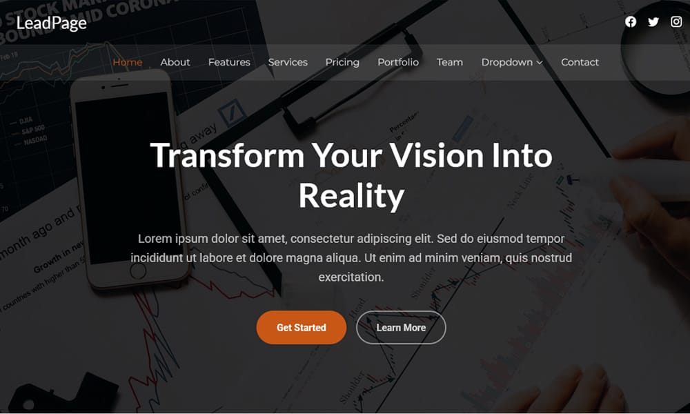 Screenshot of the LeadPage HTML template with an above-the-fold form for lead capture.