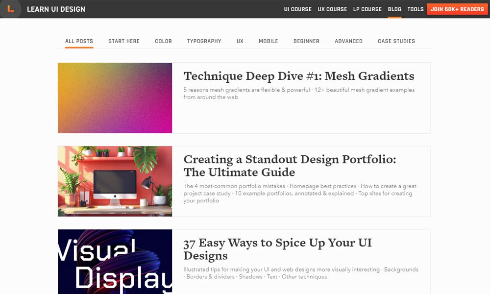 Learn UI Design blog screenshot featuring actionable UI exercises and visual design tutorials