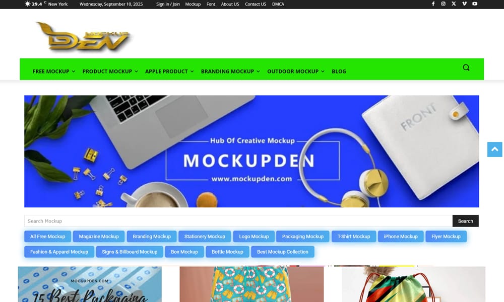 A comprehensive library of free mockups covering many categories on Mockupden.