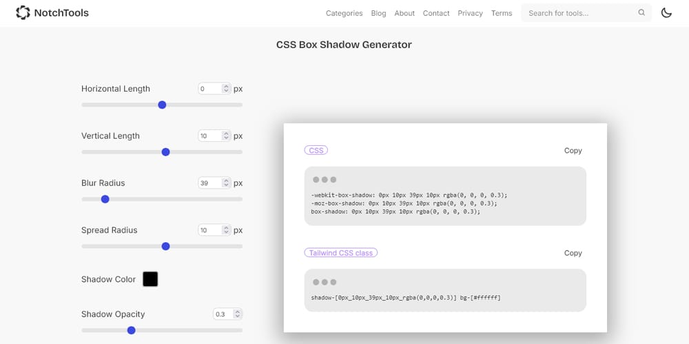 NotchTools Tailwind CSS Box Shadow Generator