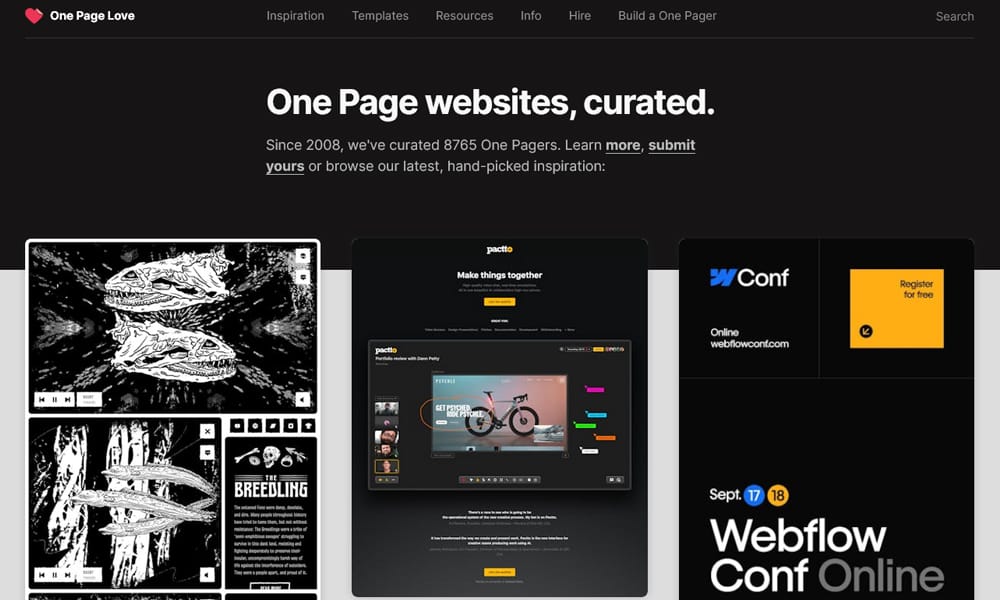 Curated single-page website designs with strong storytelling focus