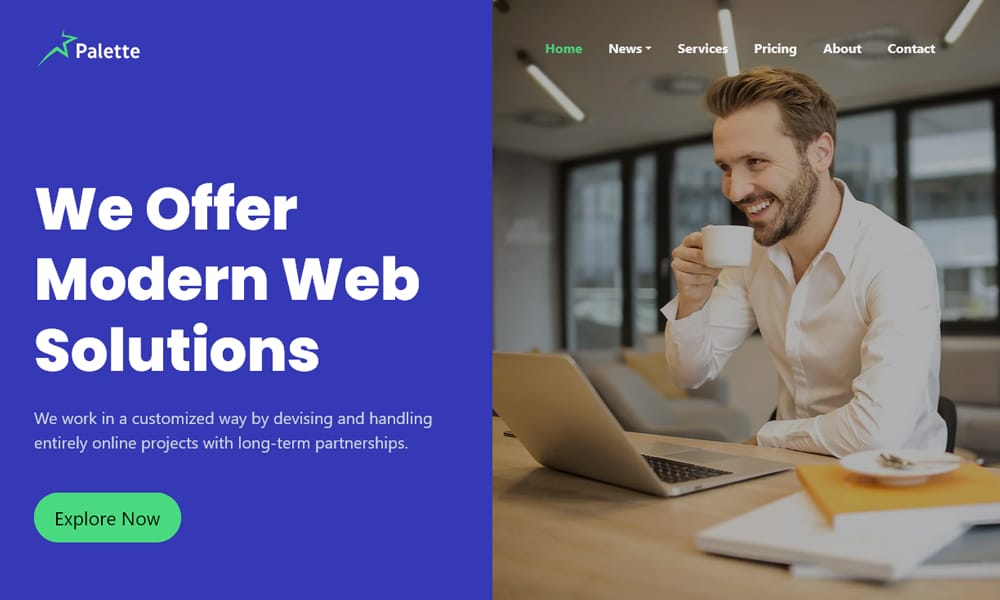 Screenshot of the Palette Bootstrap startup website template with vibrant gradients and a dynamic layout.