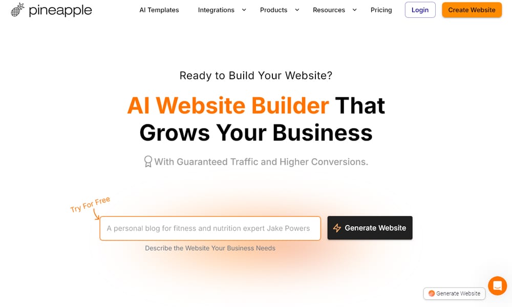 Pineapple Builder marketing site-focused AI website builder interface with campaign layout tools