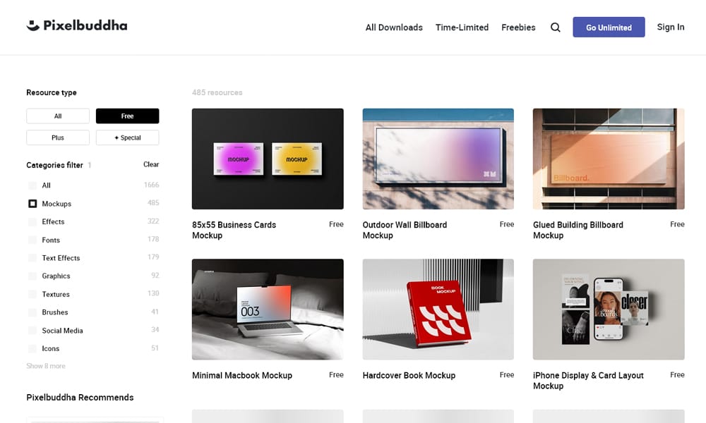 Pixelbuddha's website showcasing one of its free psd mockup templates for creative projects.
