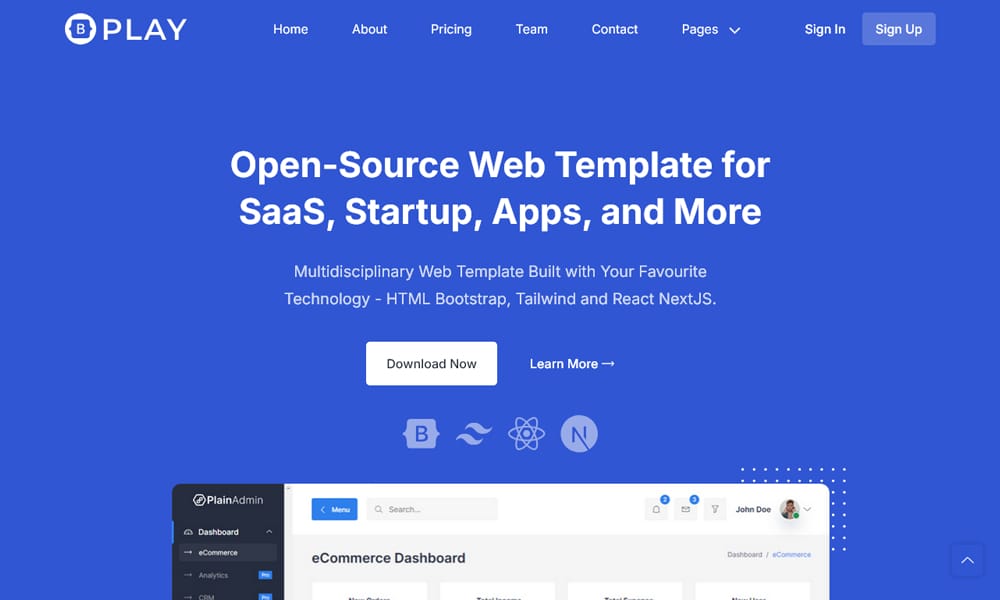 Screenshot of the Play HTML startup landing page template, featuring a futuristic dark theme for gaming or crypto.