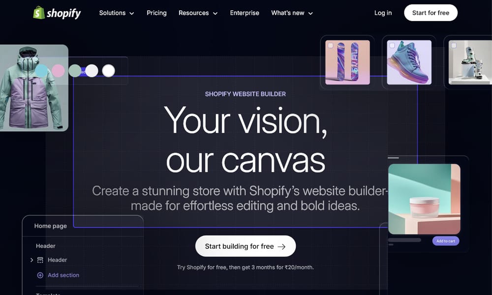 Shopify AI website builder ecommerce product page creation screen with AI copywriting
