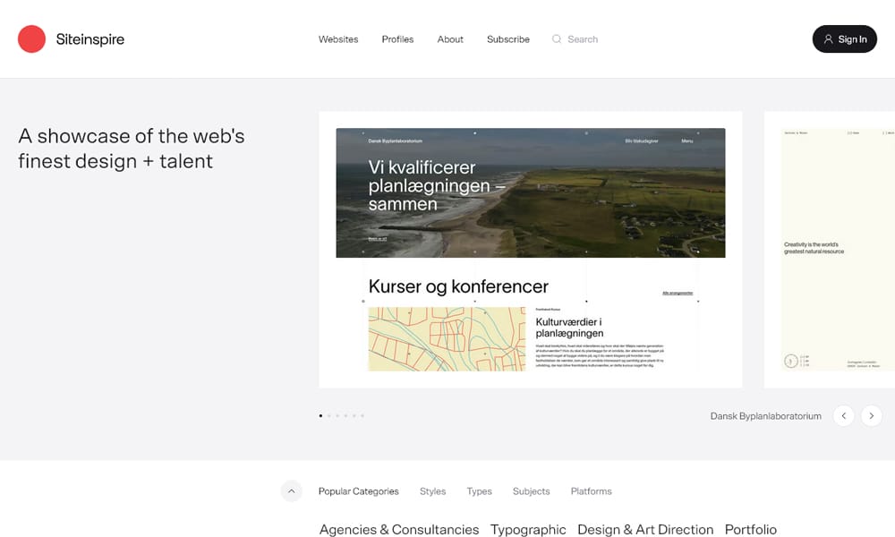 Filterable web design inspiration gallery with mobile previews and diverse styles