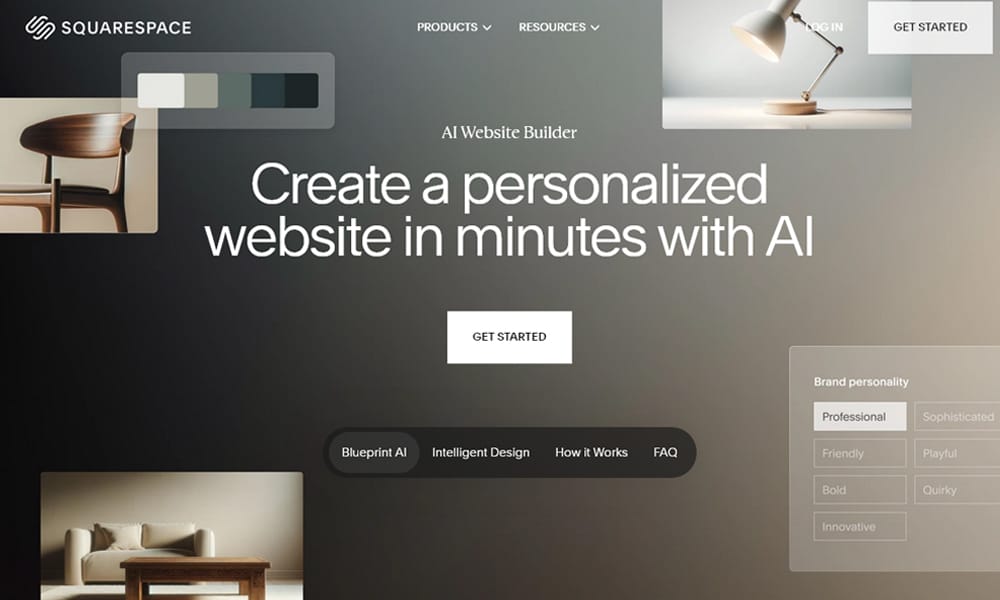 Squarespace AI website builder template gallery with AI content customization preview